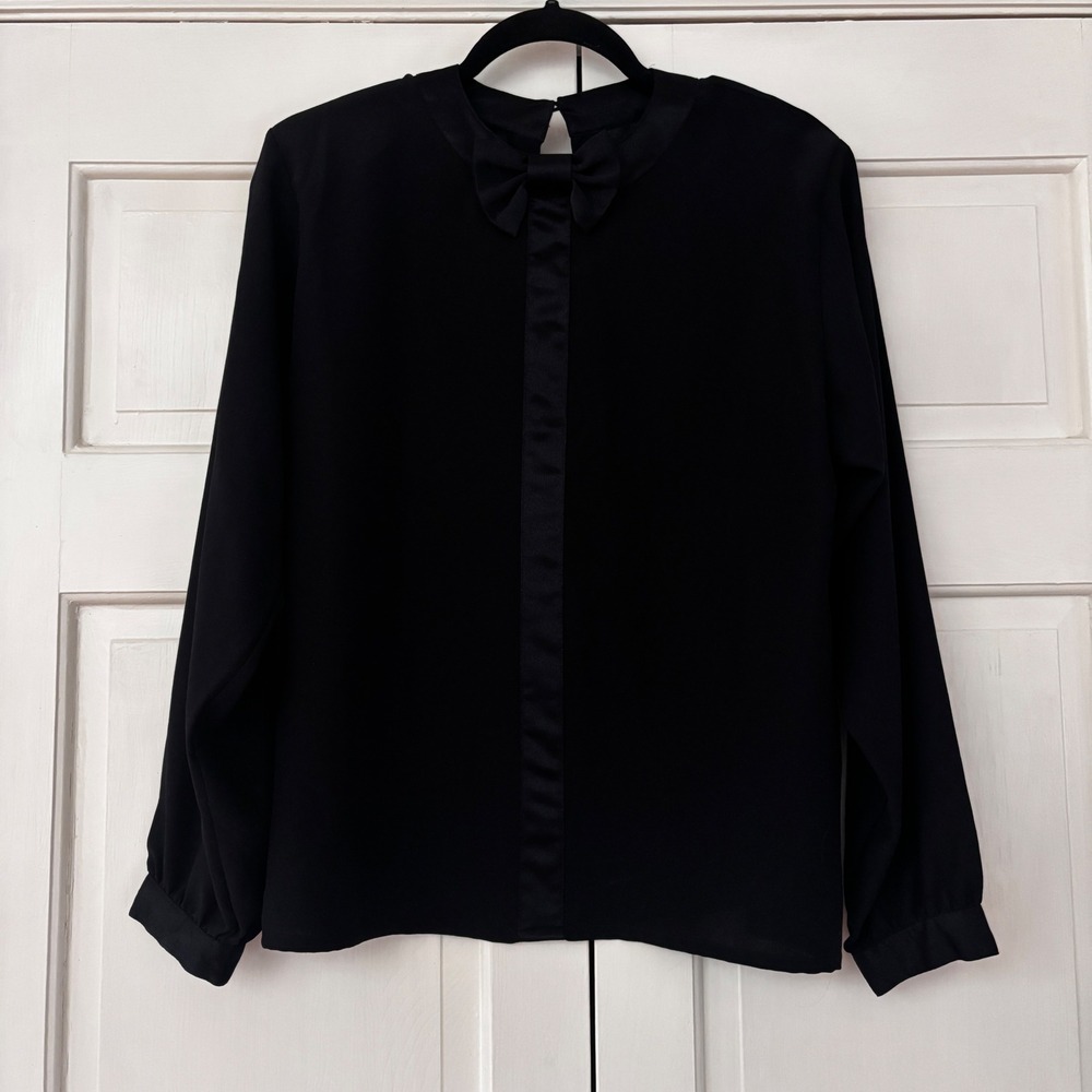 VTG‎ Oscar de la Renta Expressions Black Tuxedo Bow Blouse Size 12 Long Sleeve